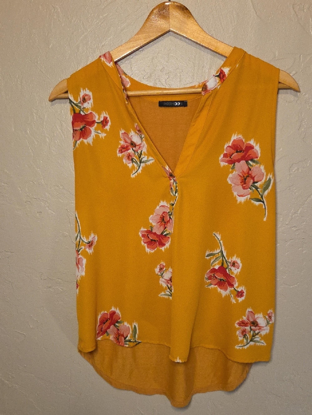 Papermoon Mustard Yellow Floral V-Neck Sleeveless Top Size Small